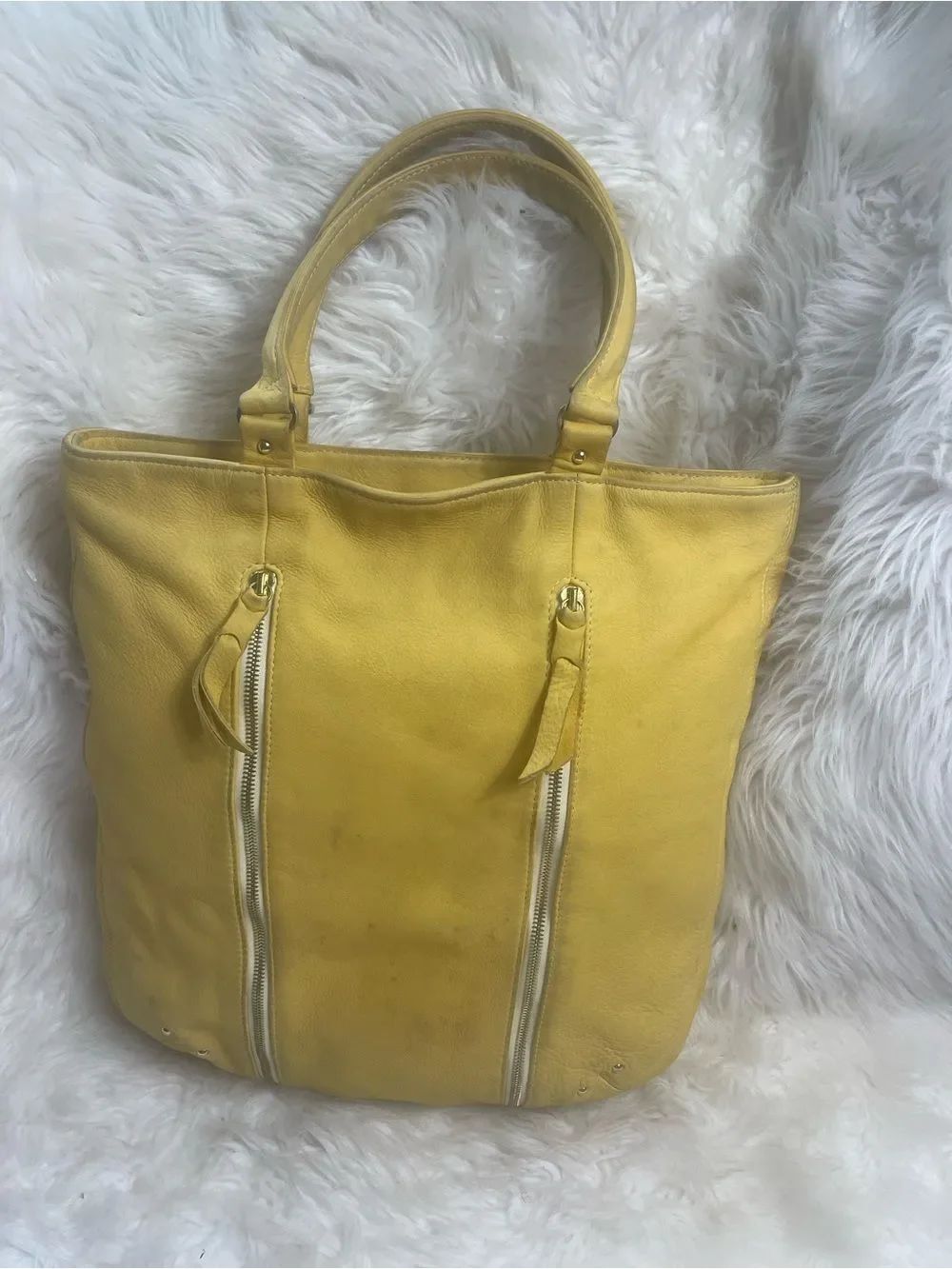 Yellow Leather Tote Bag with Front Zippers